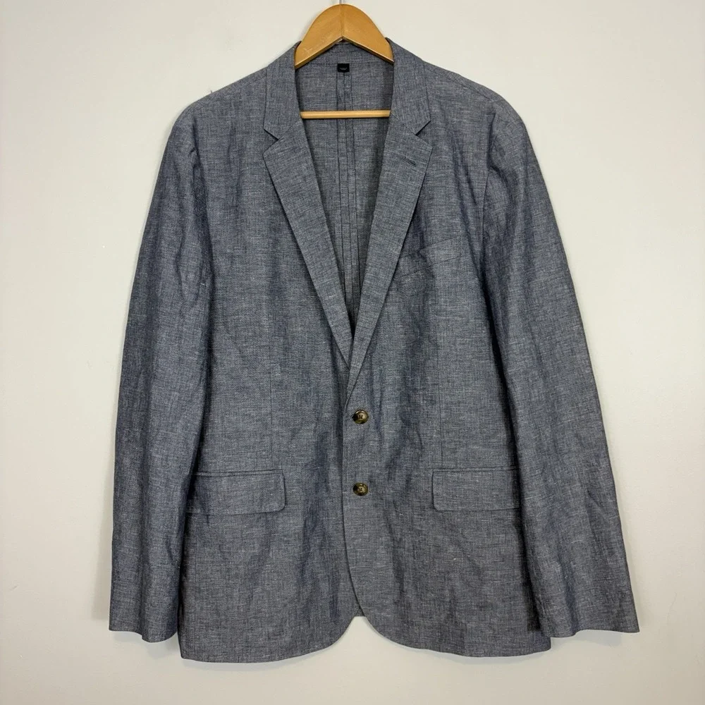 J Crew Ludlow Blazer 44R Blue Somelos Cotton Linen Blend Unstructured